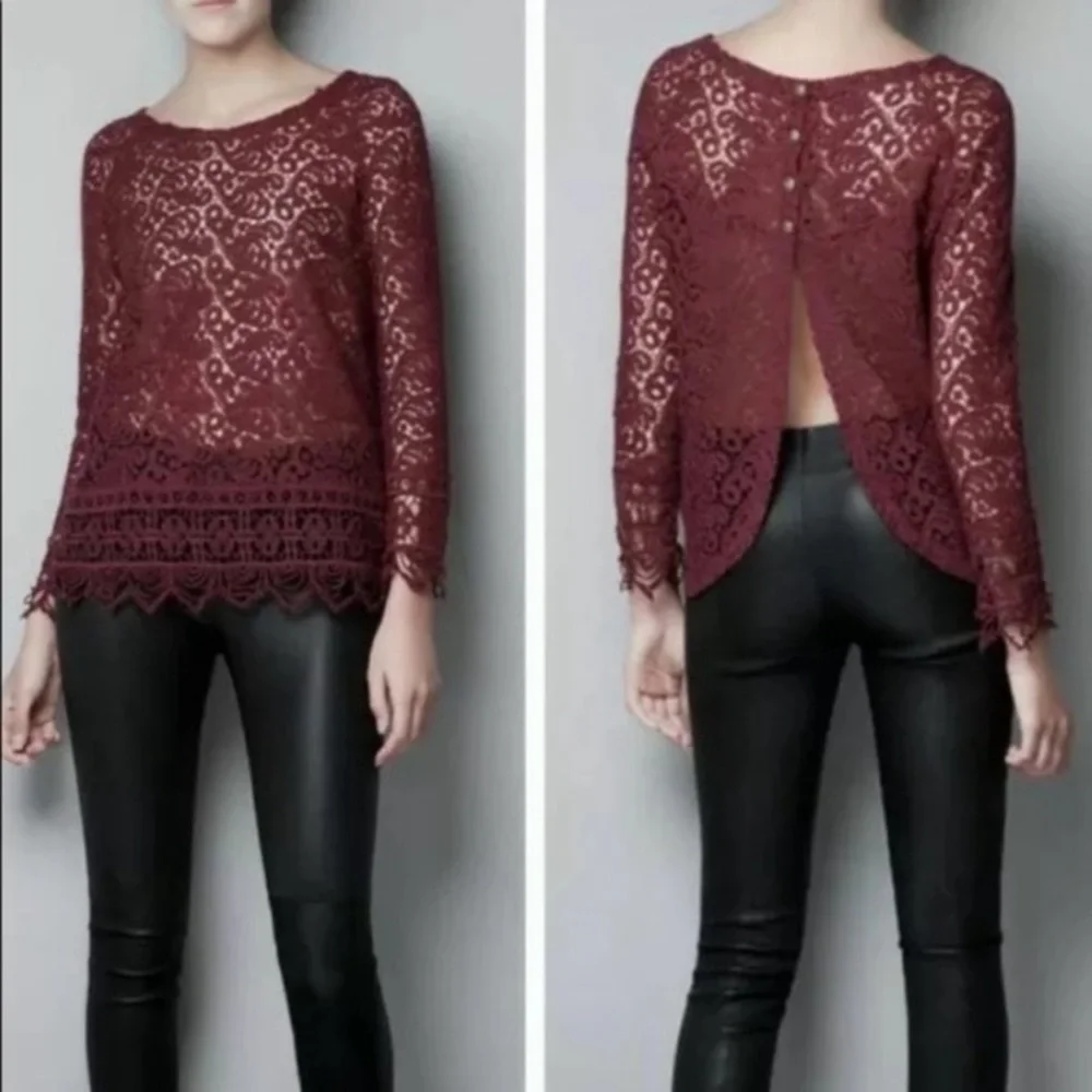 Zara Crochet Lace Eyelet Blouse See Through Maroon Top Women’s Size XS